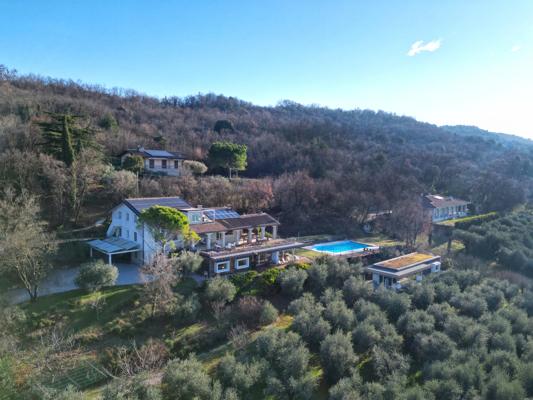 Aerial view of the villa, pool and olive grove
